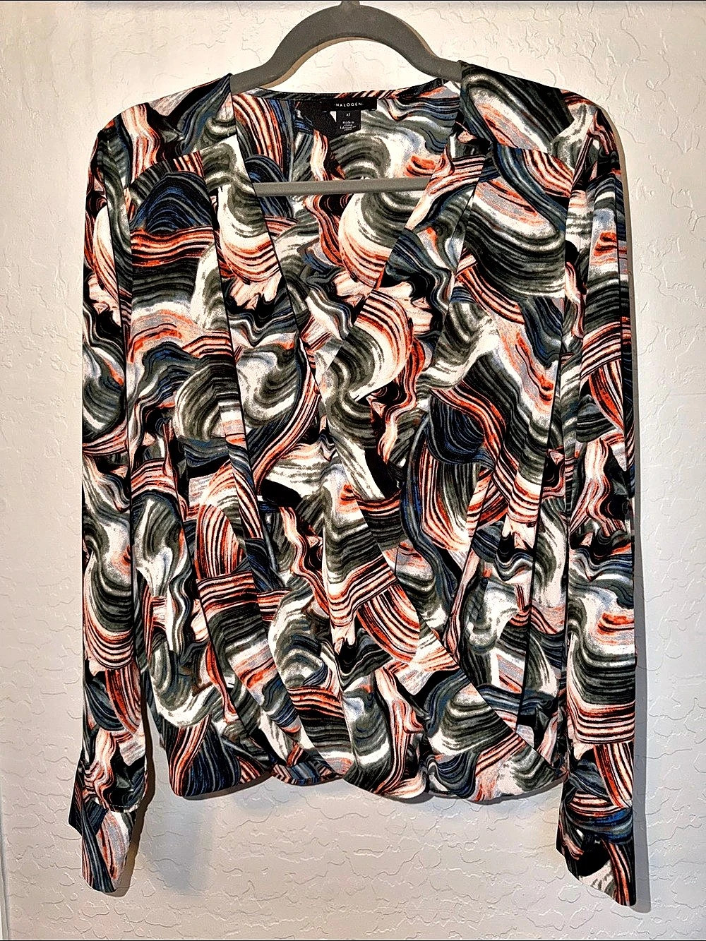 Halogen Flower Dot Wrap Top Abstract Print Blouse in Black & Orange XL Like New